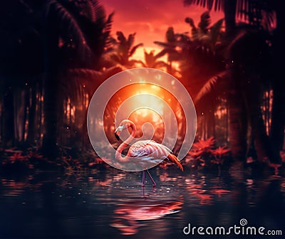 Single pink flamingo in water against at sunset Stock Photo