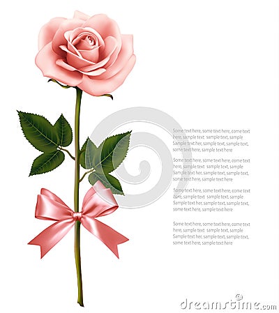 Single pink rose with bow isolated on white background. Vector Illustration