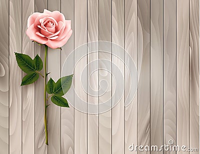 Single pink rose on an old wooden background. Vector Illustration