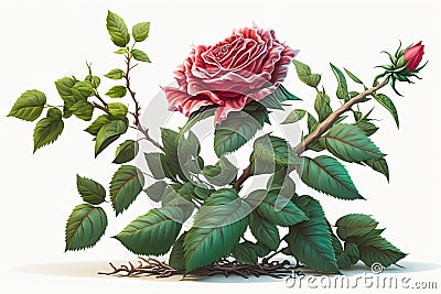 A single pink rose shrub in full bloom on a white background Stock Photo