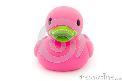 Single pink rubber duck on white Stock Photo