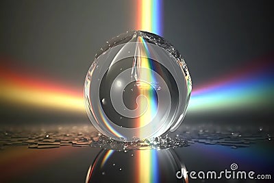 Single rain drop with rays of prism rainbow reflecting out. clear and purify refreshness by nature. Generative AI Stock Photo