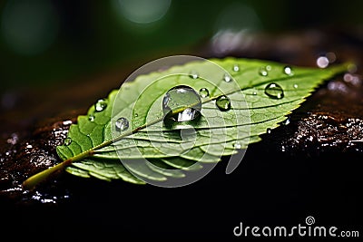 a single raindrop on a leaf, reflecting a tranquil forest scene Stock Photo