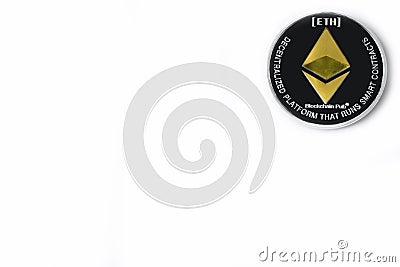 Single Real coin of cryptocurrency Silver Ethereum on white background Editorial Stock Photo