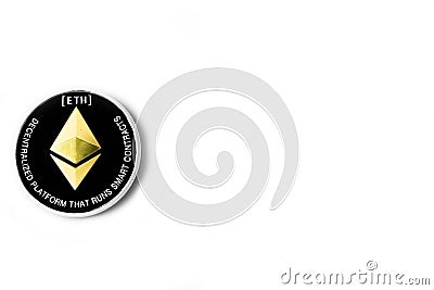 Single Real coin of cryptocurrency Silver Ethereum on white background Editorial Stock Photo