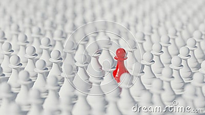 Single red chess pawn standing out among an army of white ones. Digital 3D rendering Stock Photo