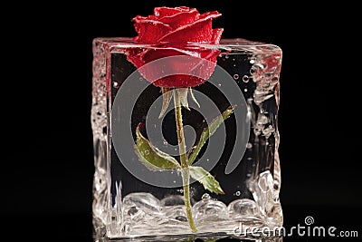 a single red rose encapsulated in a clear block of ice Stock Photo