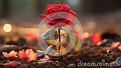 a single red rose growing out of the ground Stock Photo
