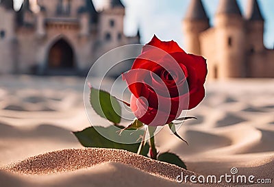 A single red rose stands in stark contrast with a magnificent castle in the background Cartoon Illustration