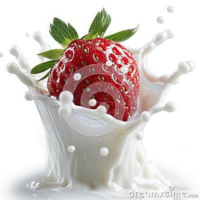 A single, ripe strawberry splashes into a pool of milk, creating a burst of white and red Stock Photo