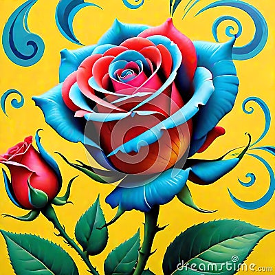 Single rose red blue paisley design artwork flower pop art Cartoon Illustration