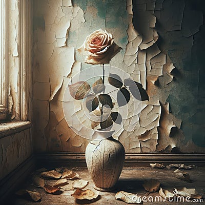 Single Rose in Cracked Vase by Window Stock Photo