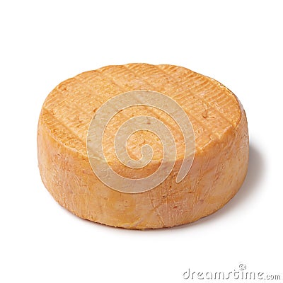 Single round French Fruite du Cap Gris Nez cheese isolated on white background Stock Photo