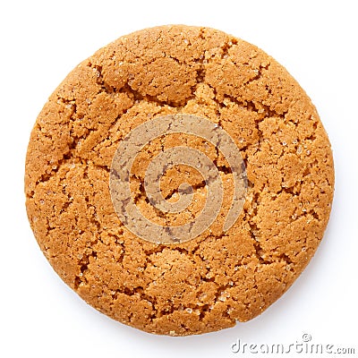 Single round ginger biscuit isolated on white from above. Stock Photo