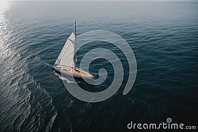 A single sailboat floating on a calm glassy sea Stock Photo