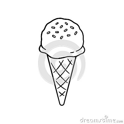 Single scoop ice cream with sprinkles on sugar cone line art outline cartoon illustration. Vector Illustration