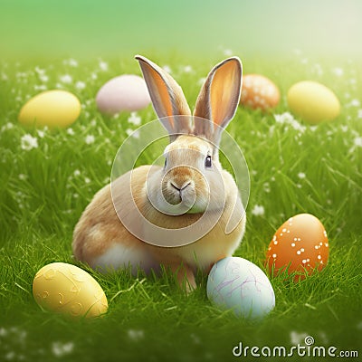Single sedate furry Palomino rabbit sitting on green grass with easter eggs. Stock Photo