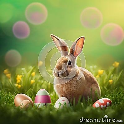 Single sedate furry Palomino rabbit sitting on green grass with easter eggs. Stock Photo