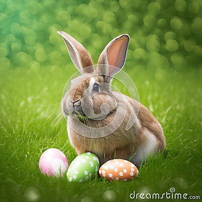 Single sedate furry Palomino rabbit sitting on green grass with easter eggs. Stock Photo