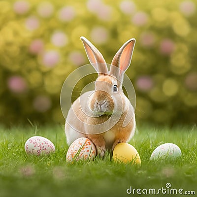 Single sedate furry Palomino rabbit sitting on green grass with easter eggs. Stock Photo