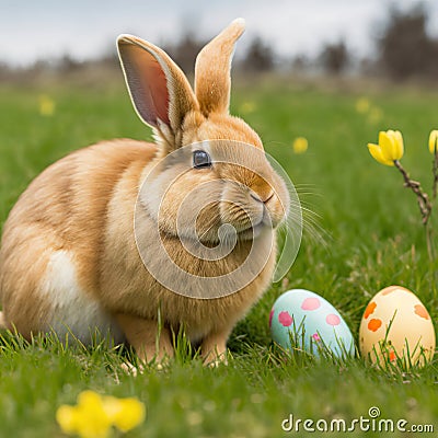 Single sedate furry Palomino rabbit sitting on green grass with easter eggs. Stock Photo