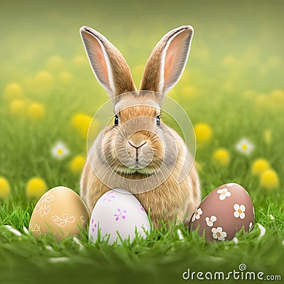 Single sedate furry Palomino rabbit sitting on green grass with easter eggs. Stock Photo