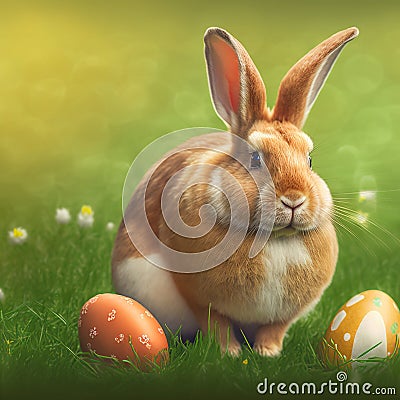 Single sedate furry Palomino rabbit sitting on green grass with easter eggs. Stock Photo