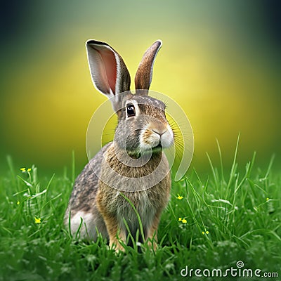 Sedate easter beveren rabbit portrait full body sitting in green field Stock Photo