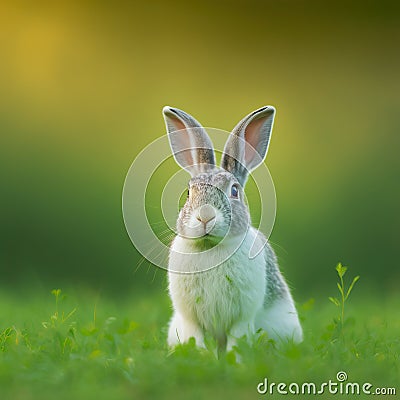 Sedate easter beveren rabbit portrait full body sitting in green field Stock Photo