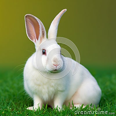 Sedate easter Florida white rabbit portrait full body sitting in green field Stock Photo