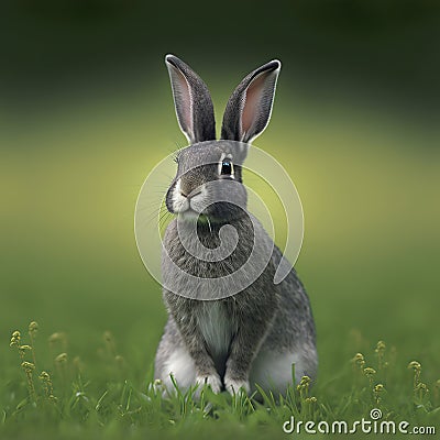 Sedate easter English Spot rabbit portrait full body sitting in green field Stock Photo