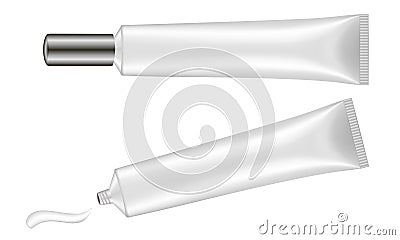 Single silver tube with long cap. Cream splash Vector Illustration