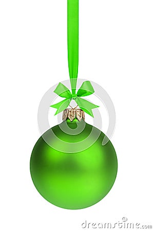 Single simple green christmas ball hanging on ribbon Stock Photo