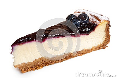 Single slice of blueberry cheesecake with fresh blueberries isolated on white. Stock Photo