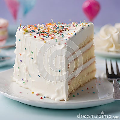 a single slice of white birthday cake, Food, - 1 Stock Photo