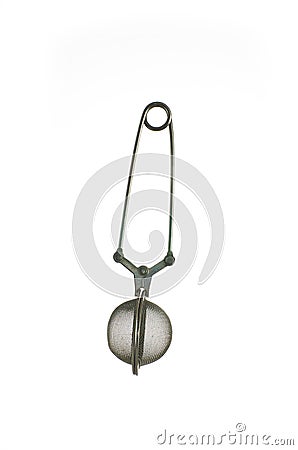 Single small metal tea strainer close up shot isolated on pure white Stock Photo