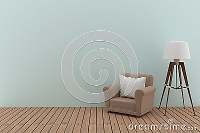 Single sofa with white pillow and lamp in the room in 3D render image Stock Photo