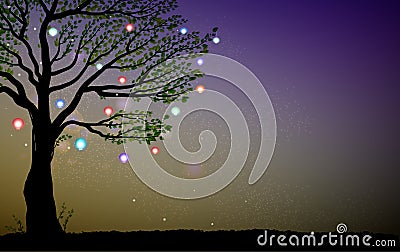 Single summer fairy tree with colored lanterns and sparkles, tree and fireflies in the evening, magic fairy evening, Vector Illustration