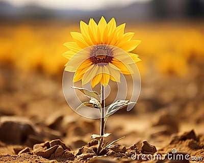 a single sunflower is standing in the middle of a field Stock Photo