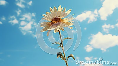 a single sunflower on a stem in front of a blue sky Stock Photo