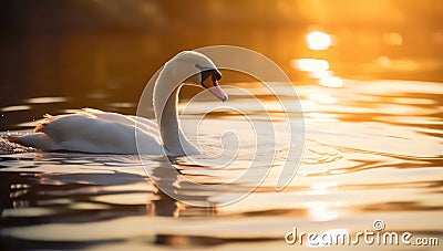 Single swan is swimming on the lake at sunset. Stock Photo