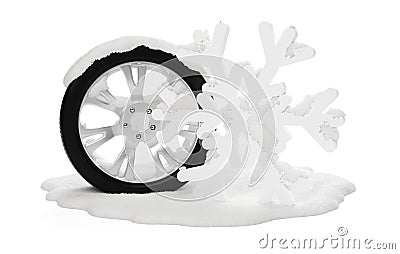 Single tire covered with snow on snow patch with abstract snowflake over white background, winter tire concept Cartoon Illustration