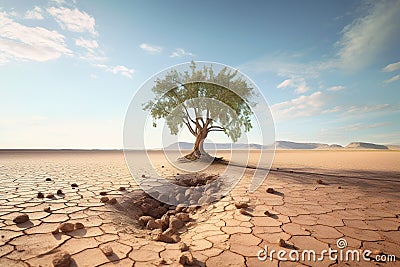 single tree in the middle of a broken desert in global warming concept with Generative AI Cartoon Illustration