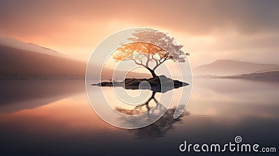 Ethereal Illustration Of A Lone Tree At Sunset By The Water Stock Photo