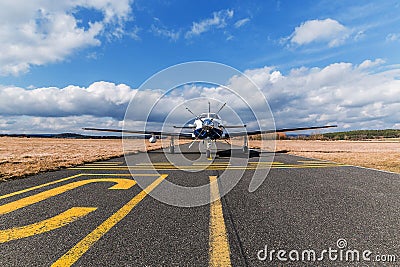 Single turboprop aircraft on airport Pribram. Stock Photo