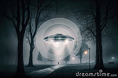 A single UFO Seen with a beam of Light Through Trees Cartoon Illustration