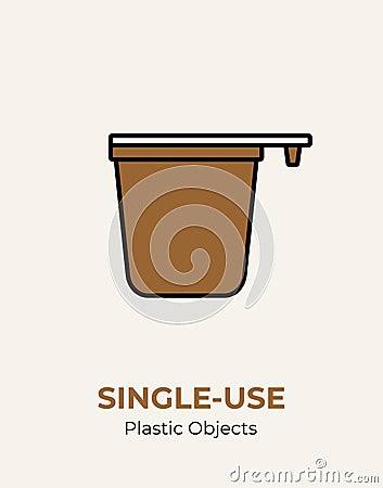 Single-use plastic coffee cup with handle. Vector illustration of recycling plastic coffee cup. Food plastic packaging flat logo Vector Illustration