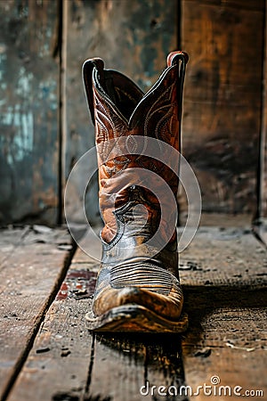 A single vintage leather cowboy boot with detailed stitching, standing against a weathered wooden background Stock Photo