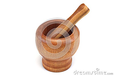 Single Vintage Wooden Mortar And Pestle , Top View, Clos Stock Photo