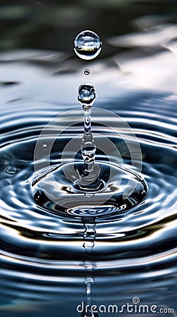A Single Water Droplet Submerged in the Tranquil Water Stock Photo